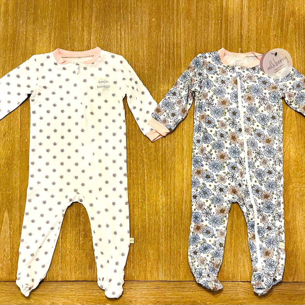 NWT! New Milkberry Bamboo Zippy Pajama set/pink & blue floral-size 6-9 months.